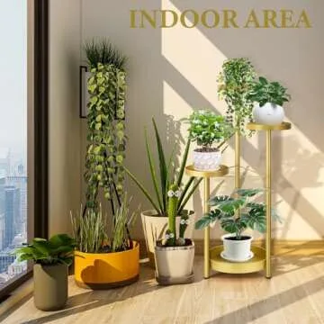 Matekxy Metal Plant Stand Indoor Outdoor 4-Tiper with 4 Flower Pot Holders Corner Tall Plant Shelves Multiplel Foldable Planter Rack Display Shelves for Livingroom, Bedroom, Office - Gold