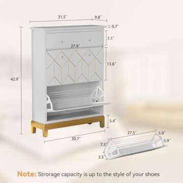 HLR Space Saving Hidden Shoe Cabinet with 2 Flip Doors 1 Drawer, Entryway Shoe Storage Cabinet, Narr...