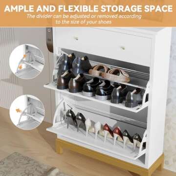 HLR Space Saving Hidden Shoe Cabinet with 2 Flip Doors 1 Drawer, Entryway Shoe Storage Cabinet, Narrow Shoe Rack Cabinet, Freestanding Hidden Shoe Rack Storage Organizer, White with Gold Legs