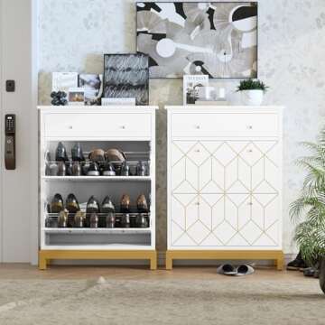 HLR Space Saving Hidden Shoe Cabinet with 2 Flip Doors 1 Drawer, Entryway Shoe Storage Cabinet, Narrow Shoe Rack Cabinet, Freestanding Hidden Shoe Rack Storage Organizer, White with Gold Legs