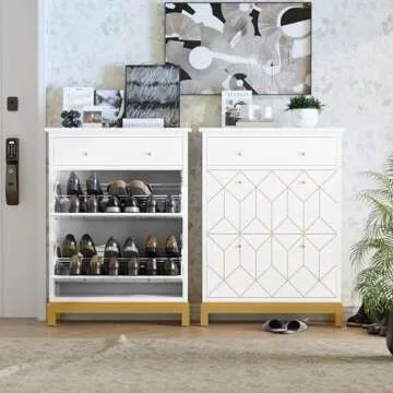 HLR Space Saving Hidden Shoe Cabinet with 2 Flip Doors 1 Drawer, Entryway Shoe Storage Cabinet, Narrow Shoe Rack Cabinet, Freestanding Hidden Shoe Rack Storage Organizer, White with Gold Legs