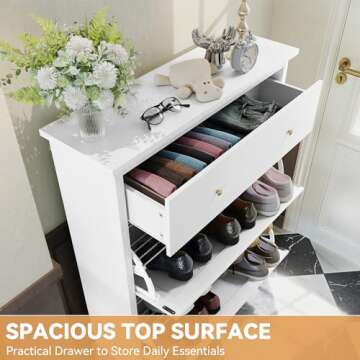 HLR Space Saving Hidden Shoe Cabinet with 2 Flip Doors 1 Drawer, Entryway Shoe Storage Cabinet, Narrow Shoe Rack Cabinet, Freestanding Hidden Shoe Rack Storage Organizer, White with Gold Legs