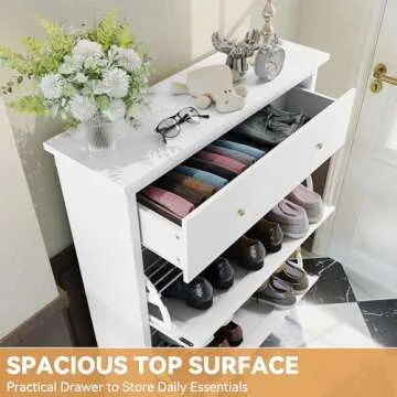 HLR Space Saving Hidden Shoe Cabinet with 2 Flip Doors 1 Drawer, Entryway Shoe Storage Cabinet, Narrow Shoe Rack Cabinet, Freestanding Hidden Shoe Rack Storage Organizer, White with Gold Legs