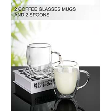 LIBWYS 2 Pack Double Walled Coffee Cups Glasses Mugs, 12oz Espresso Cappuccino Latte Tea Cups with Handle, Heat Resistant Borosilicate Clear Glasses 350ml
