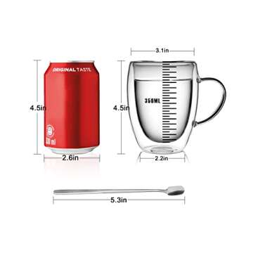 LIBWYS 2 Pack Double Walled Coffee Cups Glasses Mugs, 12oz Espresso Cappuccino Latte Tea Cups with Handle, Heat Resistant Borosilicate Clear Glasses 350ml