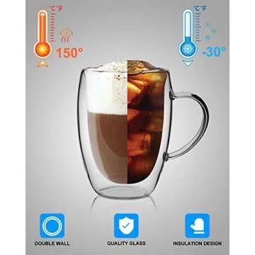 LIBWYS 2 Pack Double Walled Coffee Cups Glasses Mugs, 12oz Espresso Cappuccino Latte Tea Cups with Handle, Heat Resistant Borosilicate Clear Glasses 350ml