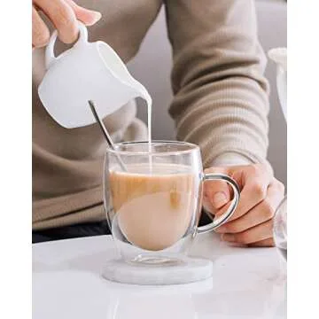 LIBWYS 2 Pack Double Walled Coffee Cups Glasses Mugs, 12oz Espresso Cappuccino Latte Tea Cups with Handle, Heat Resistant Borosilicate Clear Glasses 350ml