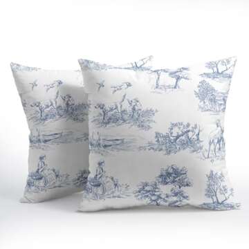 French Country Pillow Covers 18x18 Inch Set of 2 Blue and White Printed Vintage Toile Cottage Decora...