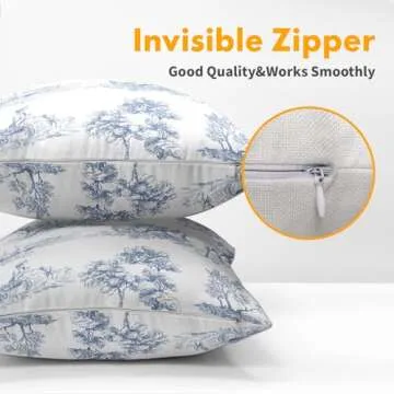 French Country Pillow Covers 18x18 Inch Set of 2 Blue and White Printed Vintage Toile Cottage Decorative Throw Pillows Rustic Farmhouse Pillow Cases Cotton Linen Cushion Covers for Couch Home Decor