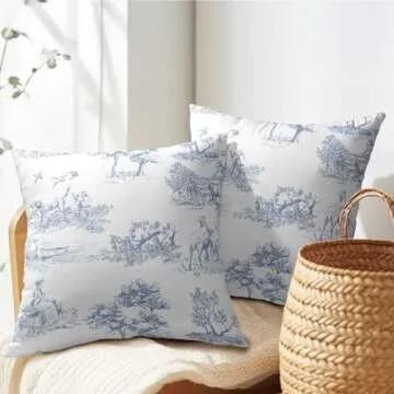 French Country Pillow Covers 18x18 Inch Set of 2 Blue and White Printed Vintage Toile Cottage Decorative Throw Pillows Rustic Farmhouse Pillow Cases Cotton Linen Cushion Covers for Couch Home Decor