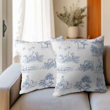 French Country Pillow Covers 18x18 Inch Set of 2 Blue and White Printed Vintage Toile Cottage Decorative Throw Pillows Rustic Farmhouse Pillow Cases Cotton Linen Cushion Covers for Couch Home Decor