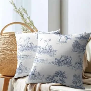 French Country Pillow Covers 18x18 Inch Set of 2 Blue and White Printed Vintage Toile Cottage Decorative Throw Pillows Rustic Farmhouse Pillow Cases Cotton Linen Cushion Covers for Couch Home Decor