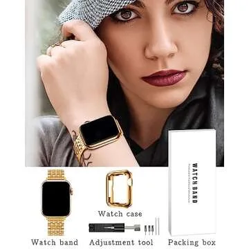 QUNDAXI Compatible Apple Watch Bands 40mm 41mm 38mm 45mm 44mm 42mm, Stainless Steel iWatch Band with Case for Apple Watch Women and Men Series 9 8 7 6 5 4 3 2 1 SE, Gold