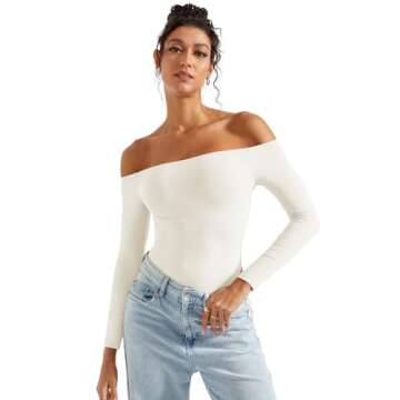 SUUKSESS Women Off the Shoulder Long Sleeve Bodysuit Top Double Lined Sexy Thong Bodysuits Shirts (W...
