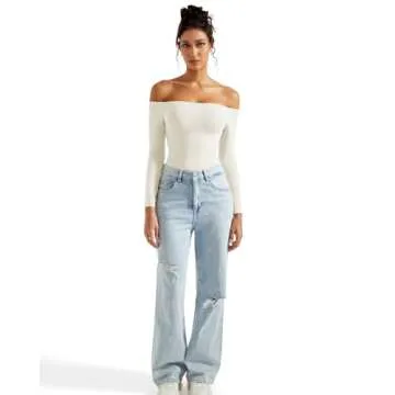 SUUKSESS Women Off the Shoulder Long Sleeve Bodysuit Top Double Lined Sexy Thong Bodysuits Shirts (White,XS)