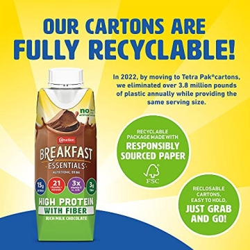 Carnation Breakfast Essentials High Protein with Fiber Ready-to-Drink, 8 FL OZ Carton, Rich Milk Chocolate 8 Fl Oz (Pack of 24) (Packaging May Vary)