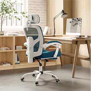EDX Ergonomic Office Chair, Reclining High Back Mesh Chair, Computer Desk Chair, Rolling Home Task Chair with Lumbar Support Pillow, Adjustable Headrest, Retractable Footrest and Padded Armrests, Blue