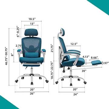 EDX Ergonomic Office Chair, Reclining High Back Mesh Chair, Computer Desk Chair, Rolling Home Task Chair with Lumbar Support Pillow, Adjustable Headrest, Retractable Footrest and Padded Armrests, Blue