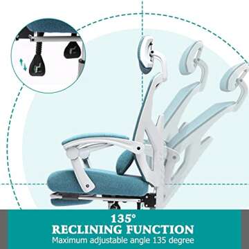 EDX Ergonomic Office Chair, Reclining High Back Mesh Chair, Computer Desk Chair, Rolling Home Task Chair with Lumbar Support Pillow, Adjustable Headrest, Retractable Footrest and Padded Armrests, Blue