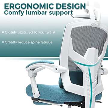 EDX Ergonomic Office Chair, Reclining High Back Mesh Chair, Computer Desk Chair, Rolling Home Task Chair with Lumbar Support Pillow, Adjustable Headrest, Retractable Footrest and Padded Armrests, Blue