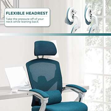 EDX Ergonomic Office Chair, Reclining High Back Mesh Chair, Computer Desk Chair, Rolling Home Task Chair with Lumbar Support Pillow, Adjustable Headrest, Retractable Footrest and Padded Armrests, Blue