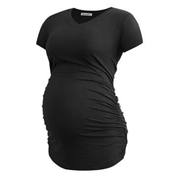 Smallshow Women's V Neck Maternity Shirt Side Ruched Tunic Pregnancy Short Sleeve Top Clothes 3-Pack Black/Deep Grey/Light Grey Medium
