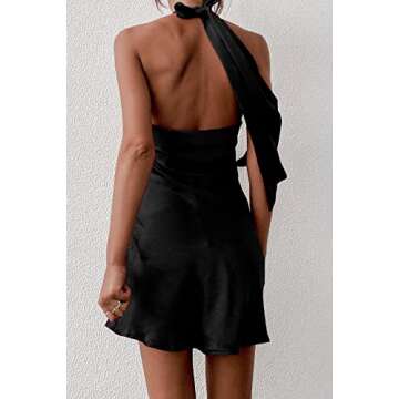 Cantonwalker Women's Cowl Neck Halterneck Slip On Backless Satin Mini Dress Sexy Silky Party Club Bodycon Dresses 0213 (S, Black Satin Dress)