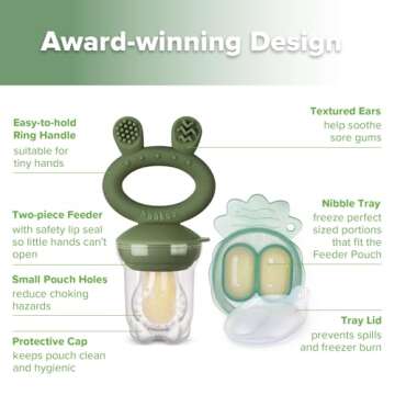 Haakaa Baby Fruit Food Feeder & Mini Freezer Nibble Tray Combo, Breastmilk Popsicle Molds for Baby Cooling Relief, BPA Free Silicone Feeder for Safe Infant Self Feeding, 4 Month+(Olive Green)
