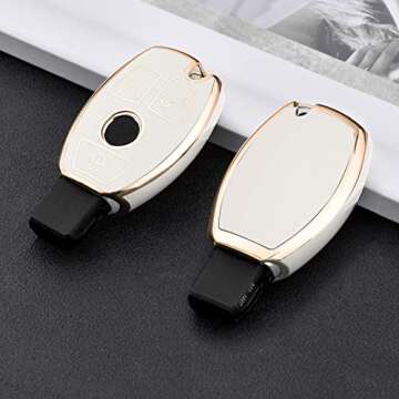 ELOHEI for Mercedes Benz Key Fob Cover, Premium Soft TPU Key Case Cover Compatible with Mercedes Benz C E S M CLS CLK G Class Keyless Smart Key Fob (Gold Edge White)