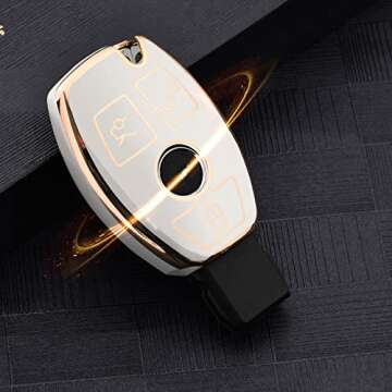 ELOHEI for Mercedes Benz Key Fob Cover, Premium Soft TPU Key Case Cover Compatible with Mercedes Benz C E S M CLS CLK G Class Keyless Smart Key Fob (Gold Edge White)