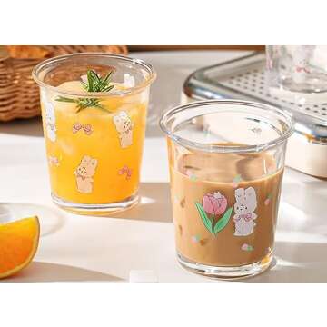yaocoral Set of 2 12 OZ French Drinking Glasses Floral Glass Coffee Cup Cute Tulip Rabbit Glass Cups...