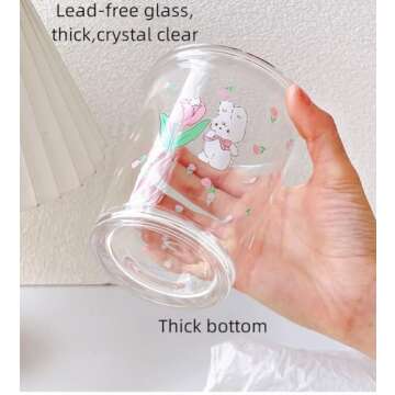 yaocoral Set of 2 12 OZ French Drinking Glasses Floral Glass Coffee Cup Cute Tulip Rabbit Glass Cups for Iced Tea,Juice,Coffee,Latte,Milk,Dessert,Stackable Glassware Drinkware Set