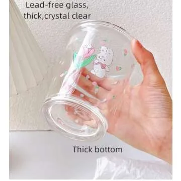 yaocoral Set of 2 12 OZ French Drinking Glasses Floral Glass Coffee Cup Cute Tulip Rabbit Glass Cups for Iced Tea,Juice,Coffee,Latte,Milk,Dessert,Stackable Glassware Drinkware Set