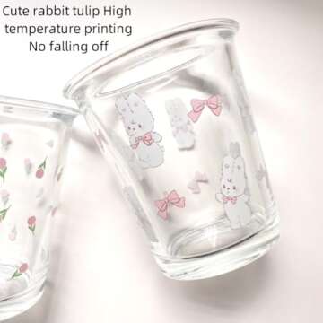 yaocoral Set of 2 12 OZ French Drinking Glasses Floral Glass Coffee Cup Cute Tulip Rabbit Glass Cups for Iced Tea,Juice,Coffee,Latte,Milk,Dessert,Stackable Glassware Drinkware Set