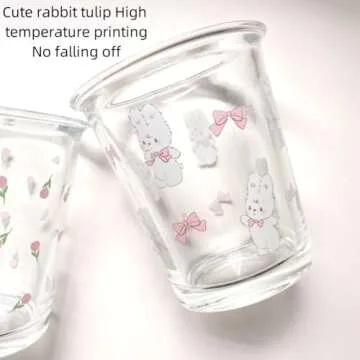 yaocoral Set of 2 12 OZ French Drinking Glasses Floral Glass Coffee Cup Cute Tulip Rabbit Glass Cups for Iced Tea,Juice,Coffee,Latte,Milk,Dessert,Stackable Glassware Drinkware Set