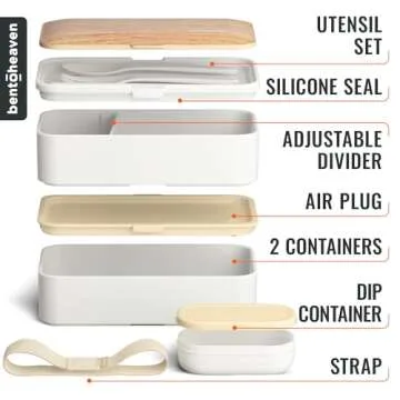 Bentoheaven Premium Bento Box Adult Lunch Box with Compartments for Women & Men, Set of Utensil & Chopsticks & Dip Container, Cute Japanese Kids Bento Lunch Box, Microwavable (Bright Light)