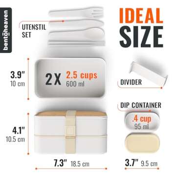 Bentoheaven Premium Bento Box Adult Lunch Box with Compartments for Women & Men, Set of Utensil & Chopsticks & Dip Container, Cute Japanese Kids Bento Lunch Box, Microwavable (Bright Light)