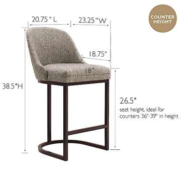 Leick Home 10132ES/GL Barrelback Counter Stool with Metal Base, Set of 2, for Kitchen Counters and Islands, Modern Gray Linen Seat and Espresso Metal Base