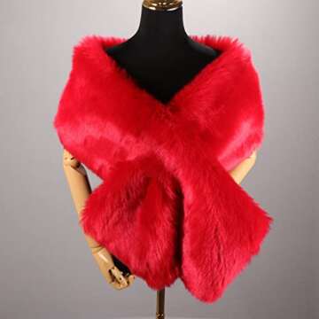 DJBM Women's Faux Fur Shawl Wraps Cloak Coat Sweater Cape for Evening Party Red