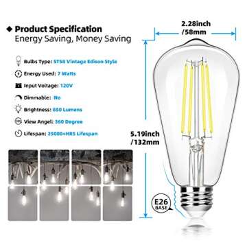 12-Pack Vintage 7W ST58 LED Edison Light Bulbs 60W Equivalent, 850Lumens, 5000K Daylight White, E26 ...