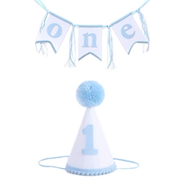 Boys 1st Birthday Hat and Highchair Banner - Blue and White Party Decoration (BAI LAN TAO CAN)