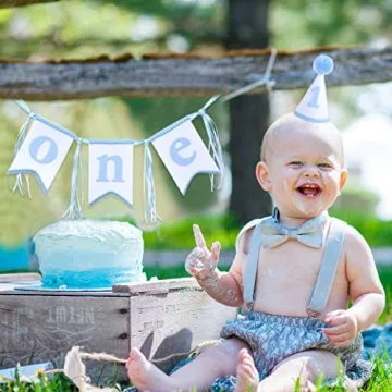 Boys 1st Birthday Hat and Highchair Banner - Blue and White Party Decoration (BAI LAN TAO CAN)