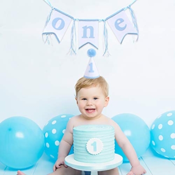 Boys 1st Birthday Hat and Highchair Banner - Blue and White Party Decoration (BAI LAN TAO CAN)