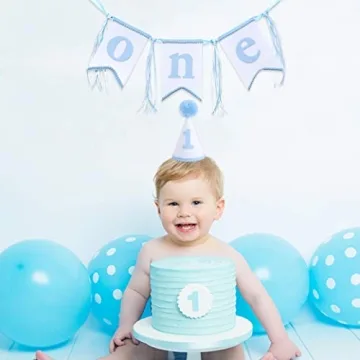 Boys 1st Birthday Hat and Highchair Banner - Blue and White Party Decoration (BAI LAN TAO CAN)