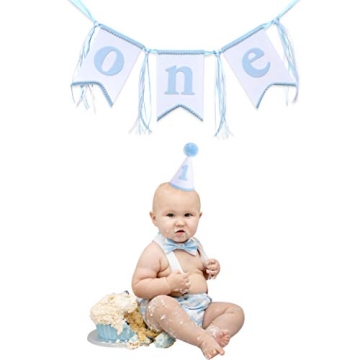 Boys 1st Birthday Hat and Highchair Banner - Blue and White Party Decoration (BAI LAN TAO CAN)