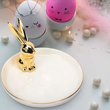 Hananona 2 Pcs Ceramic Animal Bunny Figurines Ornaments, Gold Ceramic Rabbit Bunny Rings Holder Easter Home Decor Sculptures and Statues Handmade Artware Gifts