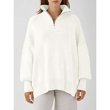ANRABESS Women's Oversized Fashion Long Sleeve Quarter Zip Baggy Loose Slouchy Sweater Pullover Tops 2024 Fall Outfits White X-Large