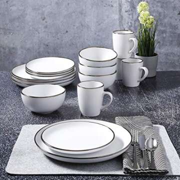Gibson Home Rockaway Round Stoneware Dinnerware Set, Service for 4 (16pcs), Matte White/Metallic Rim