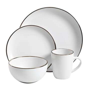 Gibson Home Rockaway Round Stoneware Dinnerware Set, Service for 4 (16pcs), Matte White/Metallic Rim
