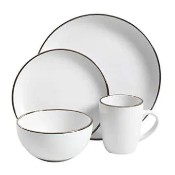 Gibson Home Rockaway Round Stoneware Dinnerware Set, Service for 4 (16pcs), Matte White/Metallic Rim